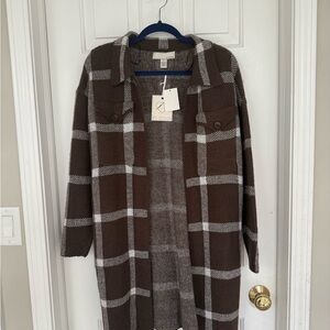 Brown and White Plaid Trench Coat